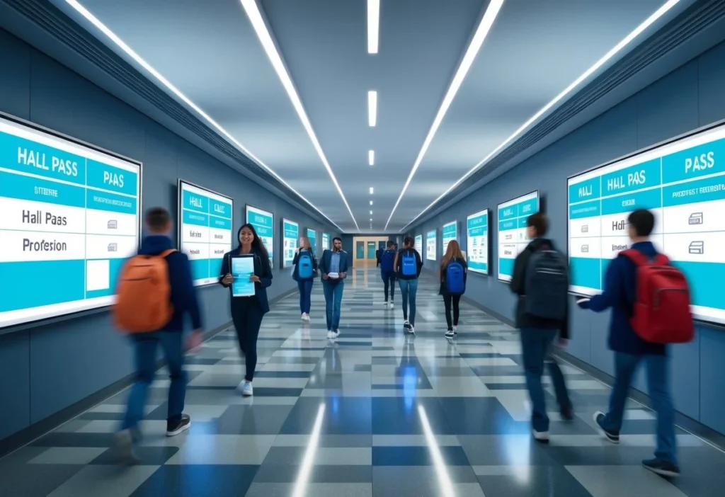 A futuristic school hallway with digital screens displaying hall pass information and students moving through with electronic devices