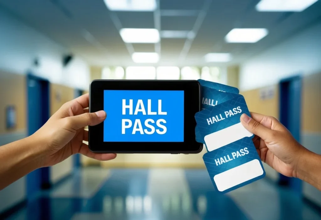 A digital hall pass system replaces traditional paper passes in a school setting