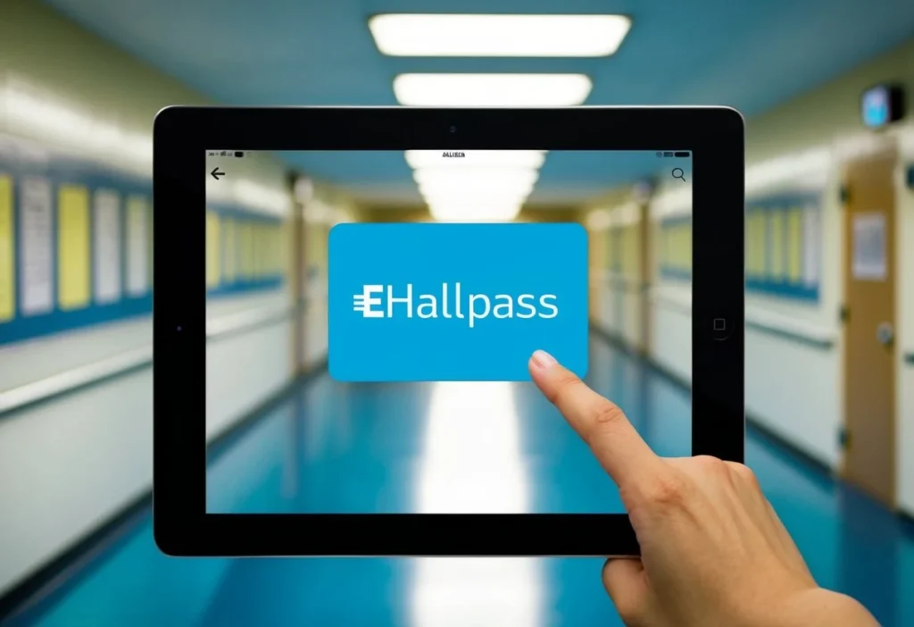 A digital device displaying the eHallpass interface with a school hallway in the background