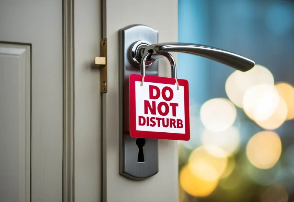 A closed door with a lock, a keyhole, and a "do not disturb" sign hanging on the handle