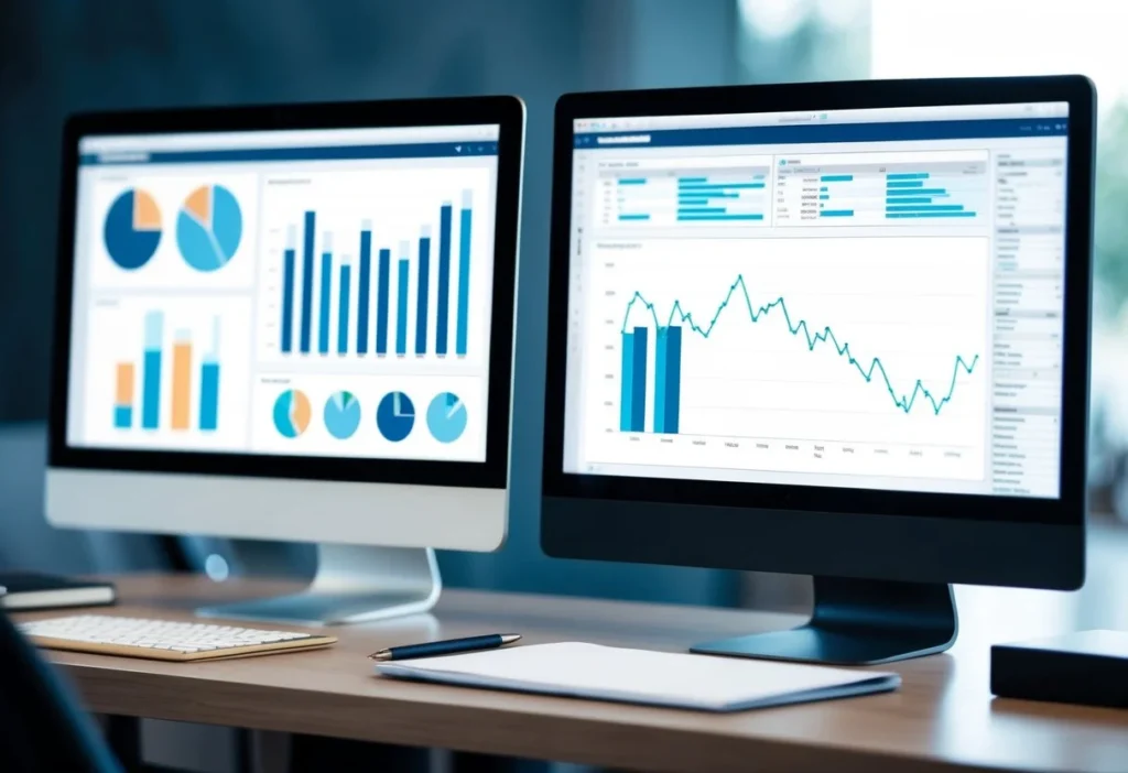 Two computer screens side by side, one displaying data charts and the other showing a line graph. A desk with a pen and notebook