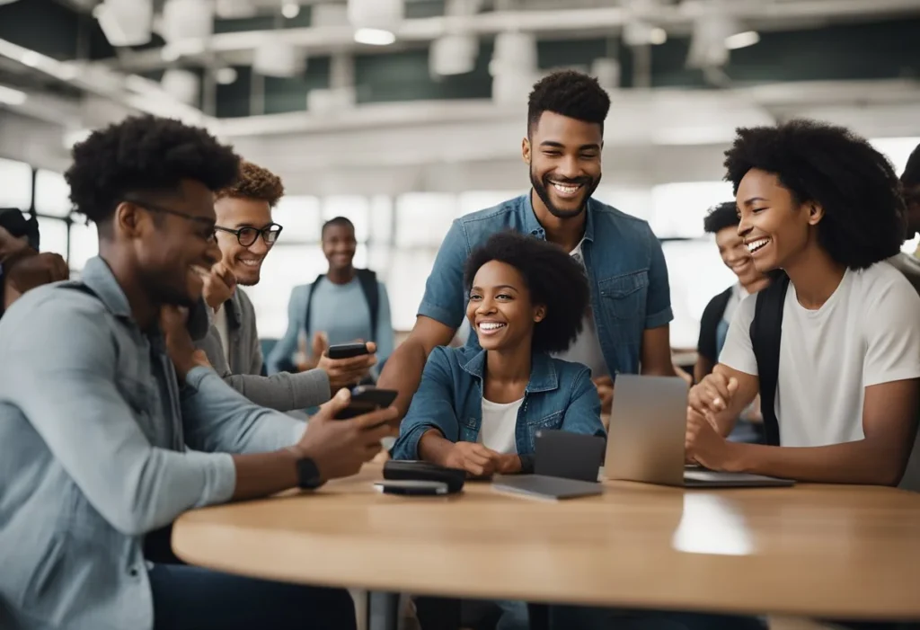 A group of students using ehallpasses on their devices, smiling and interacting with each other in a positive and respectful manner