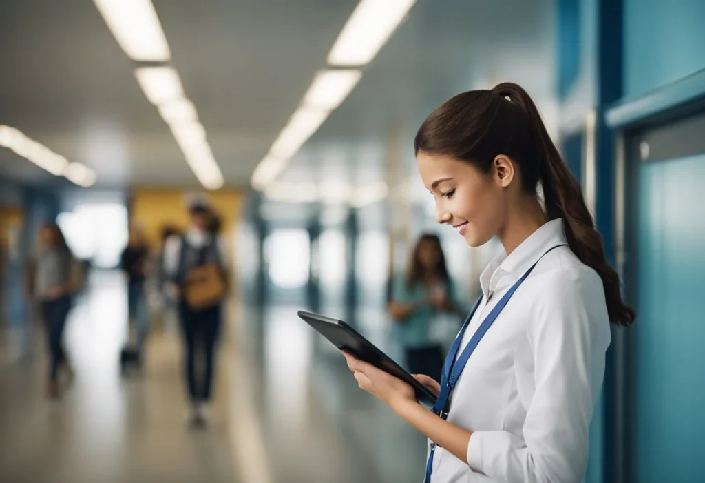 A student scanning a digital hall pass on a tablet at a school hallway entrance