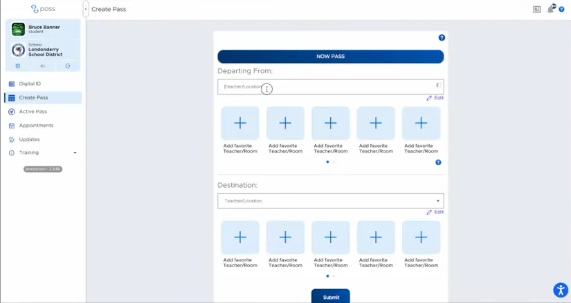 User Interface of eHallpass (Securlypass) for students