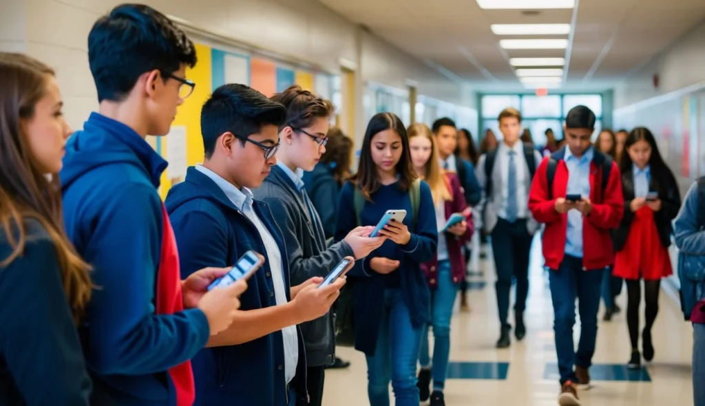 Comparative Analysis of eHallpass and SmartPass A busy school hallway with students using digital hall pass solutions on their mobile devices