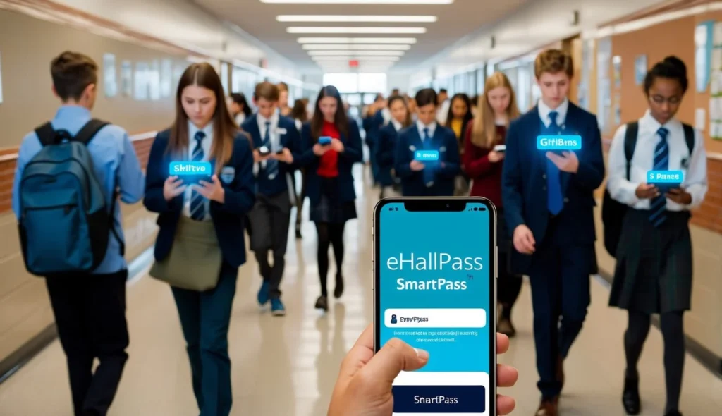 Frequently Asked Questions ehallpass A bustling school hallway with students using eHallpass and SmartPass on their smartphones, while teachers monitor and interact with the digital hall pass solutions