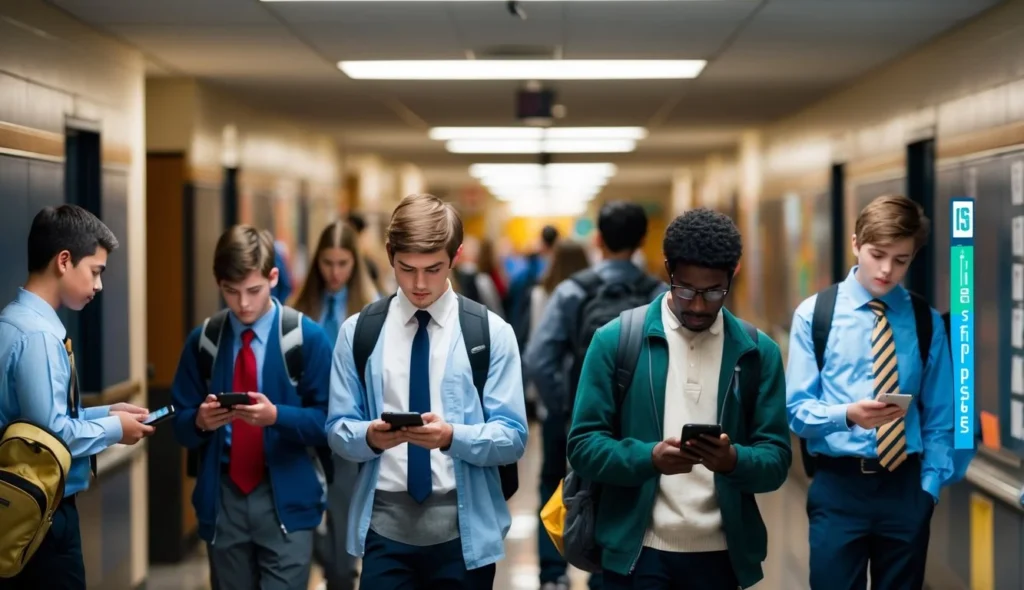 Impact on Educational Environment A bustling school hallway with students using eHallpass and SmartPass on their mobile devices to check in and out of classrooms