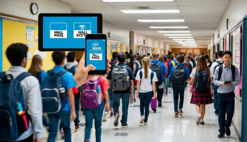 Understanding Digital Hall Pass Systems A bustling school hallway with students moving between classes, a digital hall pass system displayed on a smartphone screen, and a teacher monitoring the flow of students