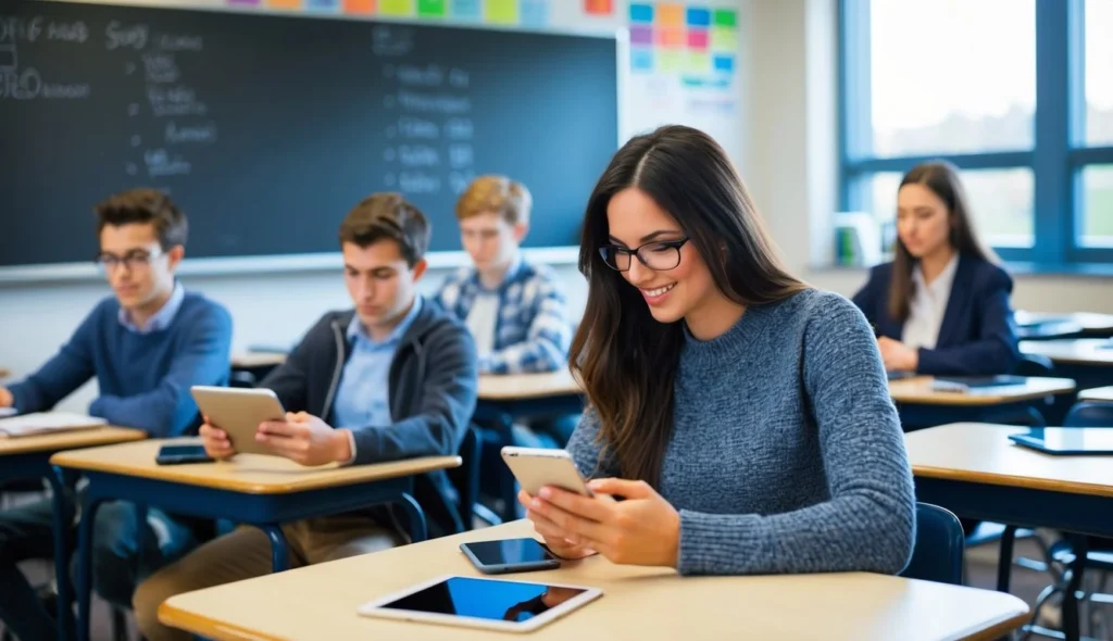 eHallpass vs. SmartPass A classroom scene with students using digital hall pass solutions on their devices